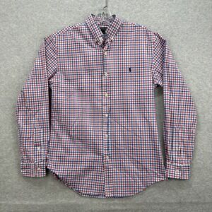 Polo Ralph Lauren Shirt Mens Medium 15.5 Red Blue‎ Gingham Slim Stretch Poplin